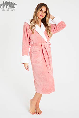 CityComfort Bata de Estar por Casa Mujer Invierno con Capucha, Ropa de Dormir Suave Material de Forro Polar, Batín Tejido Peluche Accesorios Mujer, Regalos para Mama (M, Rosa Claro)