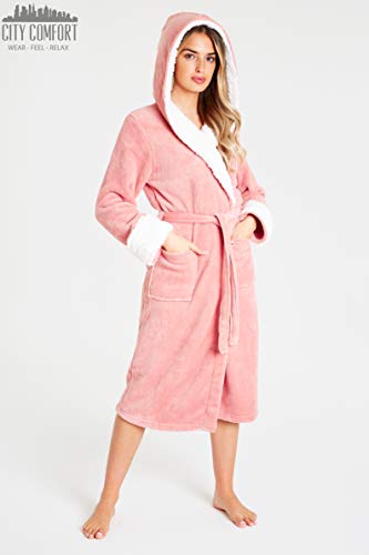 CityComfort Bata de Estar por Casa Mujer Invierno con Capucha, Ropa de Dormir Suave Material de Forro Polar, Batín Tejido Peluche Accesorios Mujer, Regalos para Mama (M, Rosa Claro)