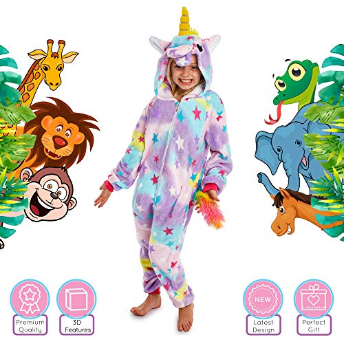 CityComfort Pijamas Enteros de Animales Niños de Una Pieza Suaves, Disfraz Unicornio Niña Gato Mono León, Ropa de Dormir Niña Invierno, Monos Manga Larga Capucha (11/12 años, Unicornio Arcoiris)
