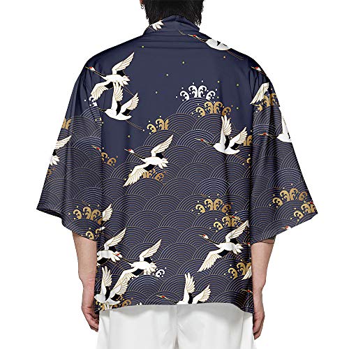 CIZEUR Hombre Hippie Camisa Kimono Japonés Estampado Holgado Manga 3/4,XL Muchas grullas inmortales