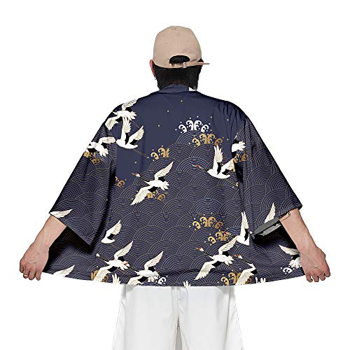 CIZEUR Hombre Hippie Camisa Kimono Japonés Estampado Holgado Manga 3/4,XL Muchas grullas inmortales