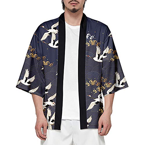 CIZEUR Hombre Hippie Camisa Kimono Japonés Estampado Holgado Manga 3/4,XL Muchas grullas inmortales
