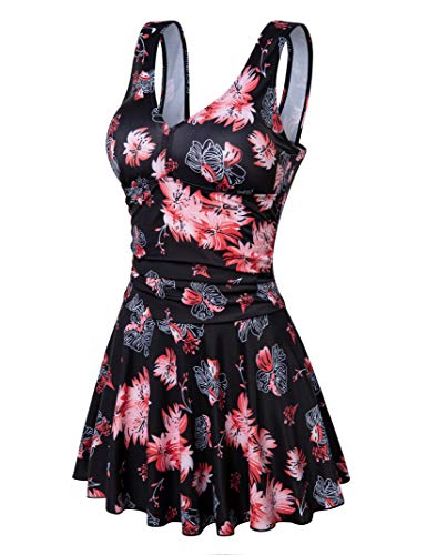 Clearlove Bañador de una pieza para mujer, con volantes, estilo retro, para la playa (paquete multiuso) Diseño de flores rosas y negras. L