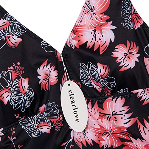 Clearlove Bañador de una pieza para mujer, con volantes, estilo retro, para la playa (paquete multiuso) Diseño de flores rosas y negras. L