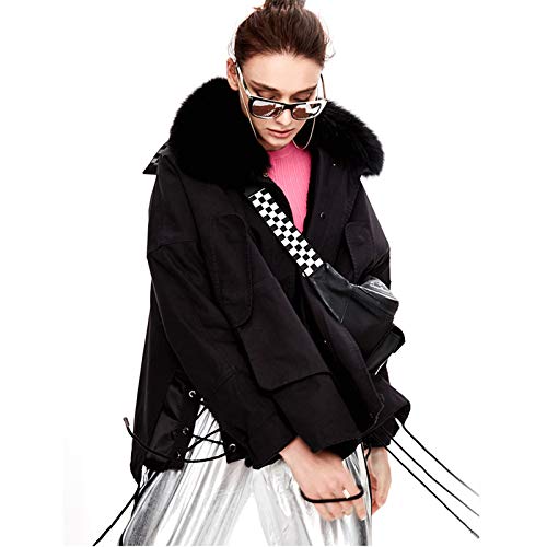 CMYA Abrigo de Cuello de Piel de Zorro sintético extraíble para Mujer, Abrigo de Piel de Conejo Rex sintético, Abrigo de Piel, Abrigo de Invierno cálido Parker,Negro,S
