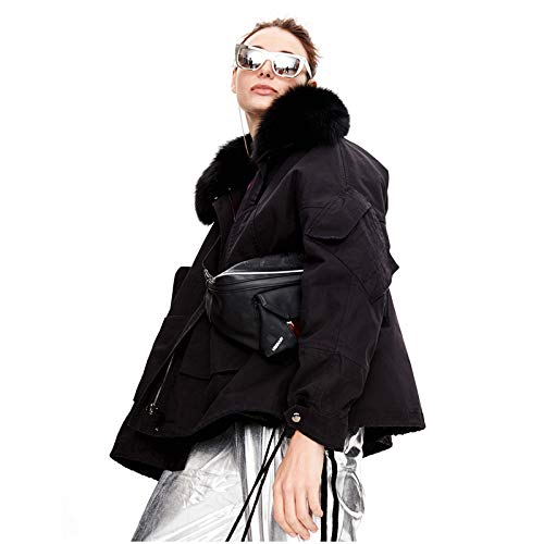 CMYA Abrigo de Cuello de Piel de Zorro sintético extraíble para Mujer, Abrigo de Piel de Conejo Rex sintético, Abrigo de Piel, Abrigo de Invierno cálido Parker,Negro,S