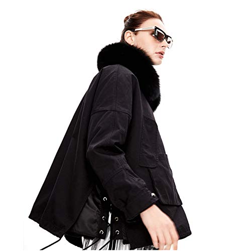 CMYA Abrigo de Cuello de Piel de Zorro sintético extraíble para Mujer, Abrigo de Piel de Conejo Rex sintético, Abrigo de Piel, Abrigo de Invierno cálido Parker,Negro,S