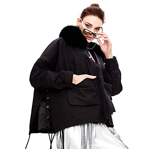 CMYA Abrigo de Cuello de Piel de Zorro sintético extraíble para Mujer, Abrigo de Piel de Conejo Rex sintético, Abrigo de Piel, Abrigo de Invierno cálido Parker,Negro,S