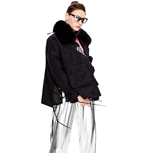 CMYA Abrigo de Cuello de Piel de Zorro sintético extraíble para Mujer, Abrigo de Piel de Conejo Rex sintético, Abrigo de Piel, Abrigo de Invierno cálido Parker,Negro,S