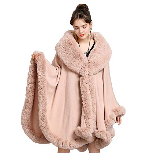 CMYA Abrigo de Piel de Conejo de imitación Rex, Capa de Invierno para Mujer, Chal Largo Grande, Abrigo de Capa de Cachemira con Adornos de Piel sintética Completa