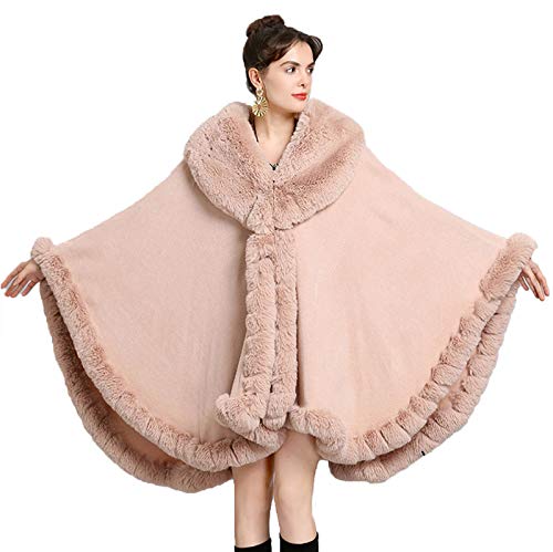 CMYA Abrigo de Piel de Conejo de imitación Rex, Capa de Invierno para Mujer, Chal Largo Grande, Abrigo de Capa de Cachemira con Adornos de Piel sintética Completa