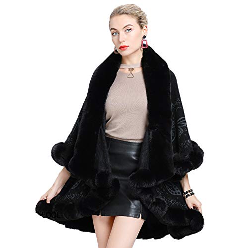 CMYA Abrigo de Piel de Conejo de imitación Rex para Mujer, Adornos de Doble Capa, Cubierta de Invierno, Cubierta de Punto Jacquard, Chal de Moda de Talla Grande