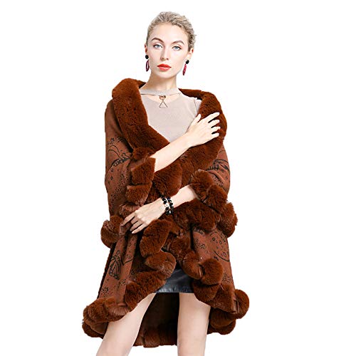 CMYA Abrigo de Piel de Conejo Faux Rex con Adornos de Doble Capa para Mujer, Abrigo de Invierno, Cubierta de Punto Jacquard, Chal de Moda de Talla Grande