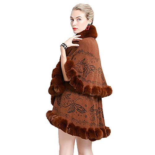 CMYA Abrigo de Piel de Conejo Faux Rex con Adornos de Doble Capa para Mujer, Abrigo de Invierno, Cubierta de Punto Jacquard, Chal de Moda de Talla Grande