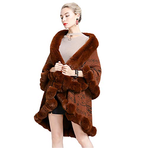 CMYA Abrigo de Piel de Conejo Faux Rex con Adornos de Doble Capa para Mujer, Abrigo de Invierno, Cubierta de Punto Jacquard, Chal de Moda de Talla Grande