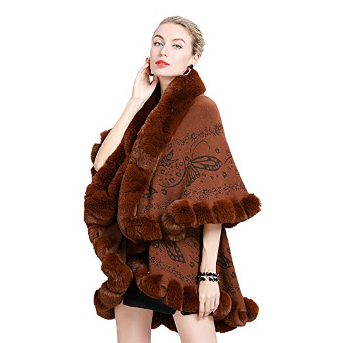 CMYA Abrigo de Piel de Conejo Faux Rex con Adornos de Doble Capa para Mujer, Abrigo de Invierno, Cubierta de Punto Jacquard, Chal de Moda de Talla Grande