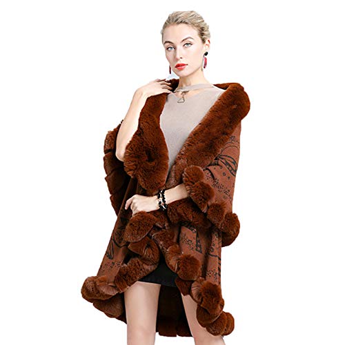 CMYA Abrigo de Piel de Conejo Faux Rex con Adornos de Doble Capa para Mujer, Abrigo de Invierno, Cubierta de Punto Jacquard, Chal de Moda de Talla Grande
