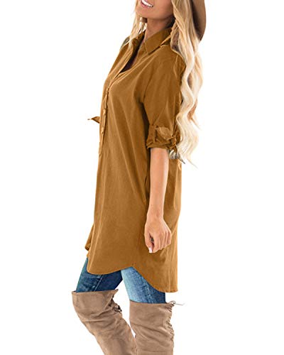 Cnfio - Blusa de verano para mujer, elegante, cuello de pico, manga larga, media manga, un solo color, diseño de camisa corta, minivestido de playa amarillo XL