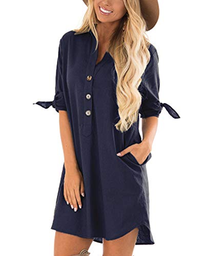 Cnfio - Blusa de verano para mujer, elegante, cuello de pico, manga larga, media manga, un solo color, diseño de camisa corta, minivestido de playa Azul marino. S