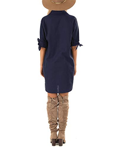 Cnfio - Blusa de verano para mujer, elegante, cuello de pico, manga larga, media manga, un solo color, diseño de camisa corta, minivestido de playa Azul marino. S