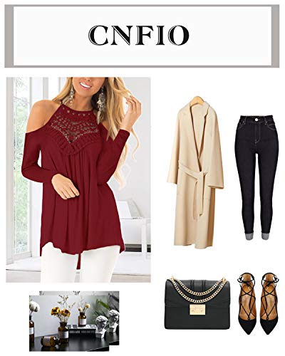CNFIO Camiseta de Manga Larga Mujer Sexy con Cuello Redondo Tops de Color Liso Blusa Mujer Casual