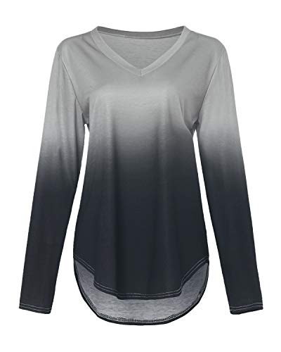 CNFIO Camiseta Mujer Manga Larga Cuello Redondo Blusas para Mujer Suelta Gradiente Efecto TeñidoTops Mujer Fiesta