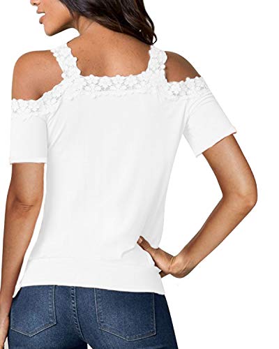 CNFIO - Camisetas de manga larga y corta para mujer, estilo casual, con hombros al aire, para verano, con encaje de ganchillo B-blanco XXL
