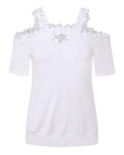 CNFIO - Camisetas de manga larga y corta para mujer, estilo casual, con hombros al aire, para verano, con encaje de ganchillo B-blanco XXL