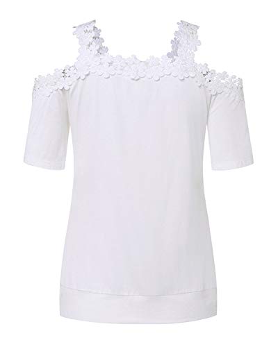 CNFIO - Camisetas de manga larga y corta para mujer, estilo casual, con hombros al aire, para verano, con encaje de ganchillo B-blanco XXL