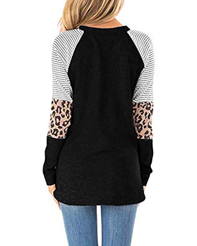 CNFIO Camisetas Mujer Manga Larga Leopardo Raya Cuello Redondo Blusas para Mujer Suelta Tops Mujer Fiesta