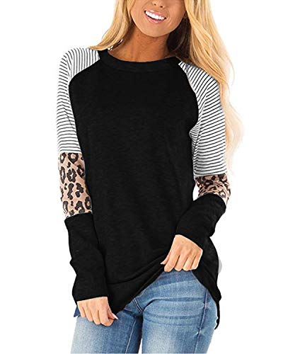 CNFIO Camisetas Mujer Manga Larga Leopardo Raya Cuello Redondo Blusas para Mujer Suelta Tops Mujer Fiesta