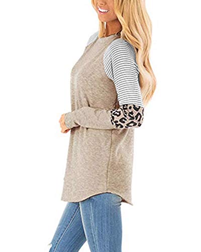 CNFIO Camisetas Mujer Manga Larga Leopardo Raya Cuello Redondo Blusas para Mujer Suelta Tops Mujer Fiesta