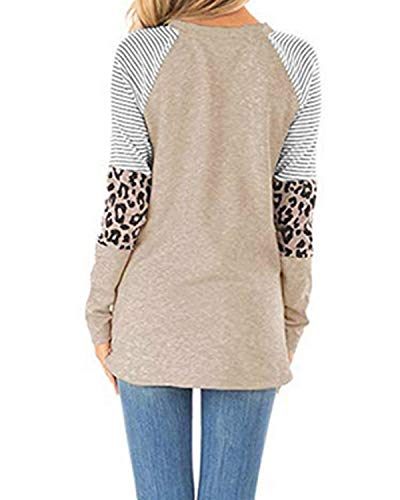CNFIO Camisetas Mujer Manga Larga Leopardo Raya Cuello Redondo Blusas para Mujer Suelta Tops Mujer Fiesta