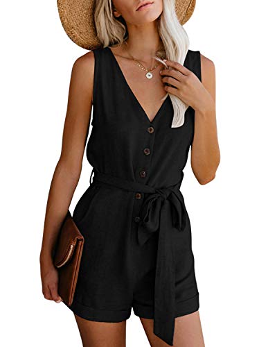 CNFIO Monos Cortos Mujer Verano Vestir Mujer Elegante Petos Mujer Verano Trabajos Pantalones Cortos A-Negro XXL