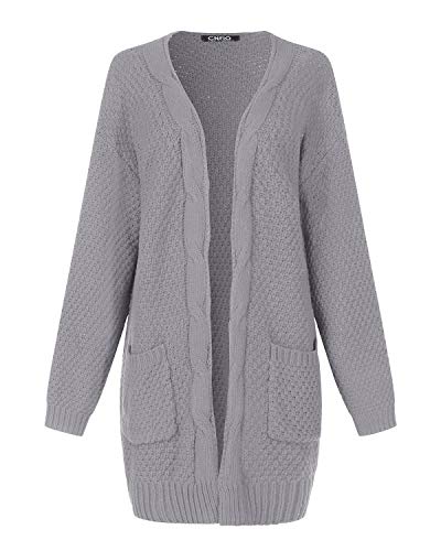 CNFIO Mujeres Cárdigans Chaqueta De Punto Jersey De Suelta Punto Frente Abierto con El Bolsillo (Gris-Nueva, S)