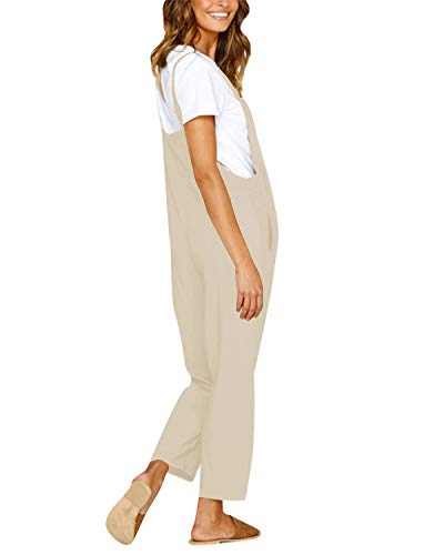 CNFIO Pantalones Mujer Casual Ajustable Correa Monos Rompers Flojo Retro Harem Mamelucos Jumpsuits Overalls con Bolsillo C-Beige L