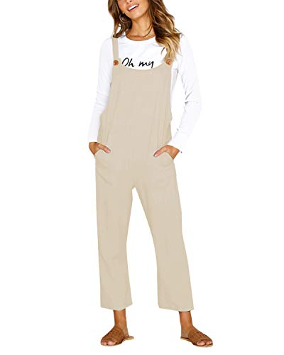 CNFIO Pantalones Mujer Casual Ajustable Correa Monos Rompers Flojo Retro Harem Mamelucos Jumpsuits Overalls con Bolsillo C-Beige L