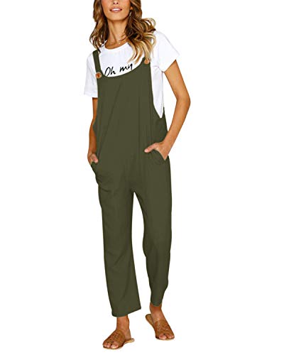 CNFIO Pantalones Mujer Casual Ajustable Correa Monos Rompers Flojo Retro Harem Mamelucos Jumpsuits Overalls con Bolsillo Ejercito Verde-1 S