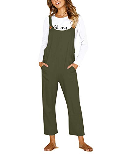 CNFIO Pantalones Mujer Casual Ajustable Correa Monos Rompers Flojo Retro Harem Mamelucos Jumpsuits Overalls con Bolsillo Ejercito Verde-1 S