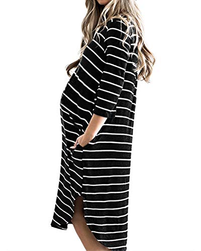 CNFIO Vestidos de Fiesta Mujer Casual Largos Midi Manga Larga Algodón Vestido Playa Mujer Bolsillos Dress