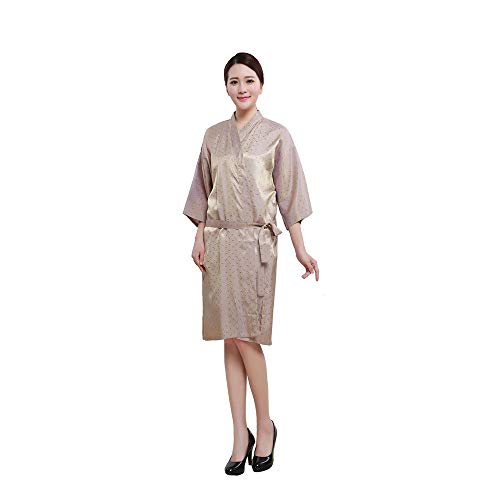 Colorfulife - Bata de salón con patrón de hojas, kimono de peluquería, vestido de belleza, SPA, hotel, barbero, ropa de huéspedes (beige)