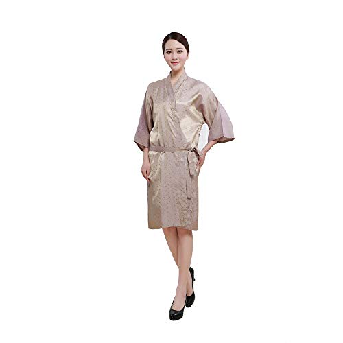 Colorfulife - Bata de salón con patrón de hojas, kimono de peluquería, vestido de belleza, SPA, hotel, barbero, ropa de huéspedes (beige)