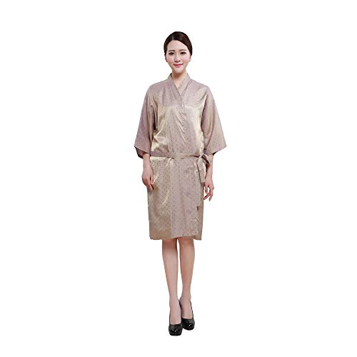 Colorfulife - Bata de salón con patrón de hojas, kimono de peluquería, vestido de belleza, SPA, hotel, barbero, ropa de huéspedes (beige)