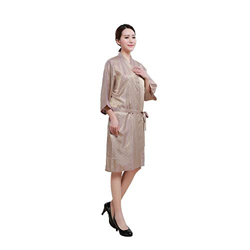Colorfulife - Bata de salón con patrón de hojas, kimono de peluquería, vestido de belleza, SPA, hotel, barbero, ropa de huéspedes (beige)