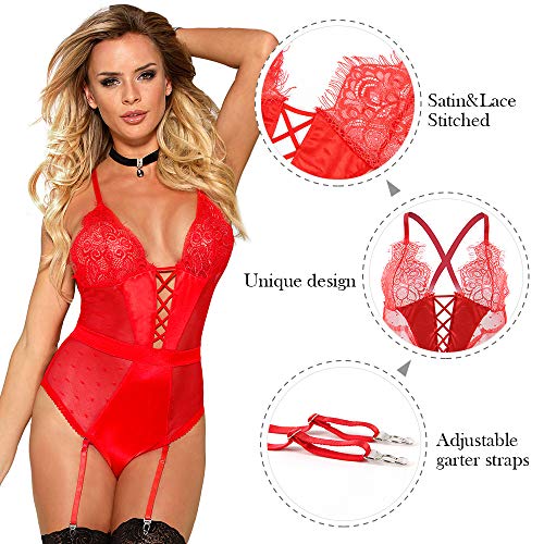 comeondear Lencería Erótica Sexy Teddy Bodysuit de Encaje sin Mangas con Liga Talla Grande