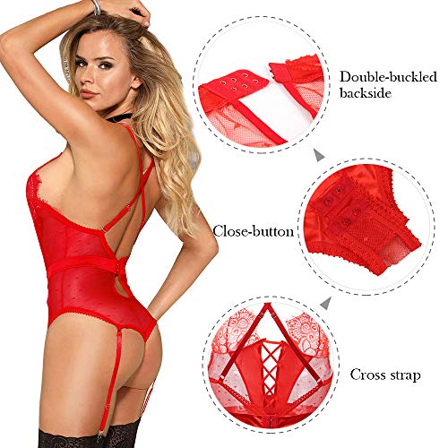 comeondear Lencería Erótica Sexy Teddy Bodysuit de Encaje sin Mangas con Liga Talla Grande