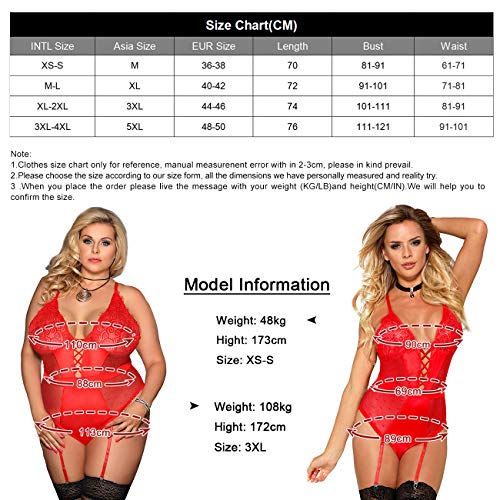 comeondear Lencería Erótica Sexy Teddy Bodysuit de Encaje sin Mangas con Liga Talla Grande