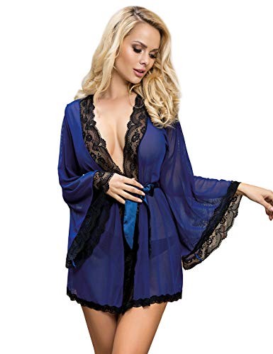 comeondear Mujer Lencería Bata de Encaje Talla Grande Ropa Interior Kimono Lace con Cinturón y Tanga(Azul, XL-2XL)