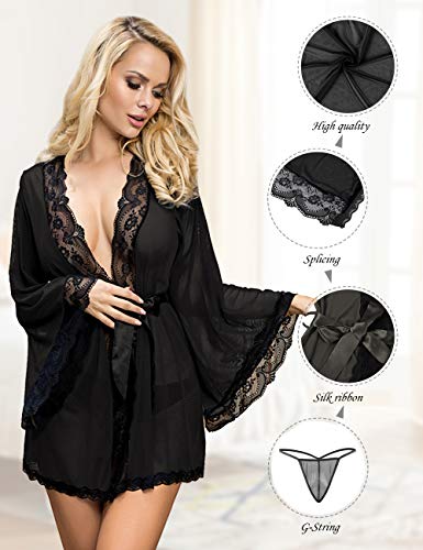 comeondear Mujer Lencería Bata de Encaje Talla Grande Ropa Interior Kimono Lace con Cinturón y Tanga(Negro, 3XL-4XL)