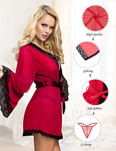 comeondear Mujer Lencería Bata de Encaje Talla Grande Ropa Interior Kimono Lace con Cinturón y Tanga(Rojo, XL-2XL)
